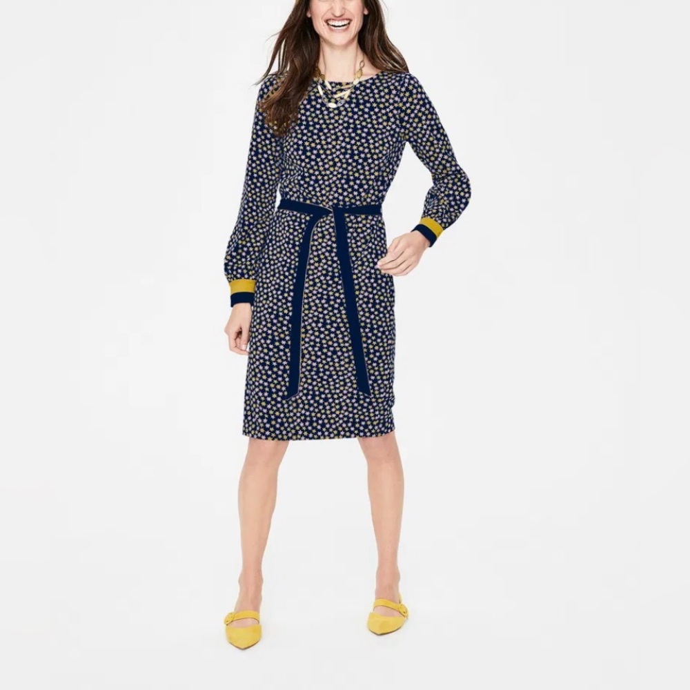 Boden Fawn Printed Jersey Dress Size US 8 Navy/Gold/Pink